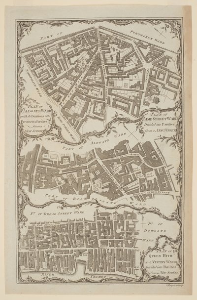 Plan de Queen Hith et Vintry Wards divisés en paroisses d