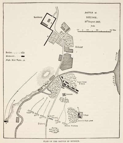Plan de la bataille de Bithoor, 16 août 1857, de Cassells Illustrated History of England - English School