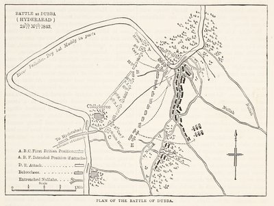 Plan de la bataille de Dubba (Hyderabad) 24 mars 1843, illustration de Cassells Illustrated History of England - English School