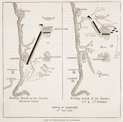 Plan de la bataille de Laswaree, illustration de Cassells Illustrated History of India par James Grant, pub. 1879 - English School