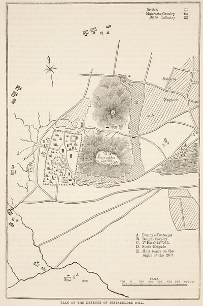Plan de la défense de Seetabuldee Hill, illustration de Cassells Illustrated History of India par James Grant, pub. 1879 - English School