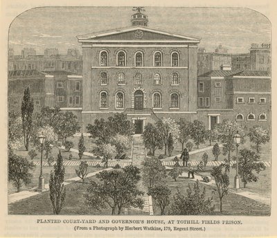 Cour plantée et maison du gouverneur à la prison de Tothill Fields - English School