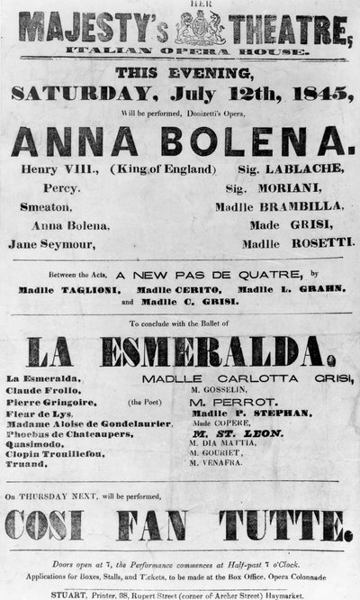 Affiche pour le Théâtre de Sa Majesté, Opéra Italien, 1845 - English School
