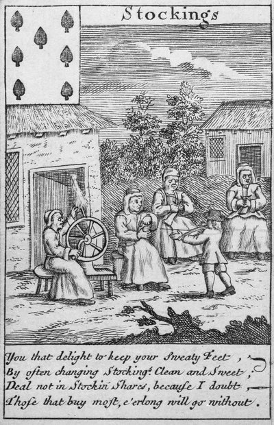 Carte à jouer montrant des ouvriers fabriquant des bas (détail) - English School