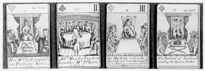Cartes à jouer représentant des événements au début du règne de la reine Anne, d
