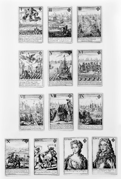 Cartes à jouer avec des personnages et des scènes du début du 18ème siècle - English School