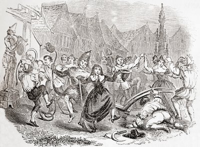 Célébrations du Plough Monday, la danse de Bessie et le Clown, tirée de Old England: A Pictorial Museum, pub. 1847 - English School