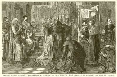 La Pologne sous la Hongrie : couronnement à Cracovie du roi angevin Louis Ier de Hongrie comme roi de Pologne - English School