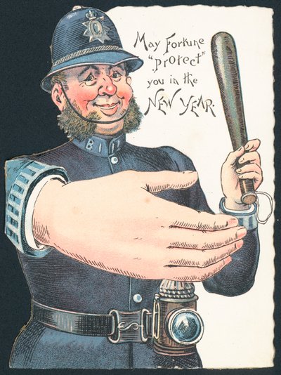 Policier tenant une matraque avec une grande main, carte de Nouvel An - English School