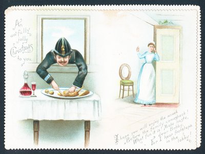 Policier volant de la nourriture par la fenêtre! Carte de Noël - English School