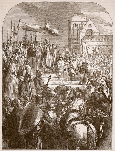 Le pape Urbain II prêchant la Première Croisade sur la place du marché de Clermont, 1096, illustration de Cassells Illustrated History of England - English School