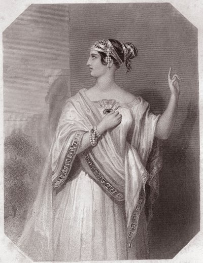 Porcia épouse de Brutus (Jules César - la Tragédie de Jules César) - dans - "Galerie des femmes de Shakespeare, collection de quarante-cinq portraits sérieux par les premiers artistes de Londres, enrichie de notices critiques et littéraires" vers 1838 - English School