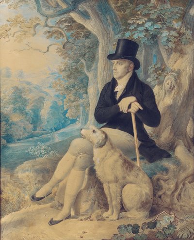 Portrait de Charles Lee, recteur de Wootton, en pied, avec un chien, dans le parc de Wootton, Oxfordshire - English School