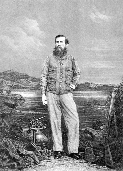 Portrait de John Speke (1827-64) devant le lac Victoria, frontispice de Journal of the Discovery of the Source of the Nile publié en 1863 - English School