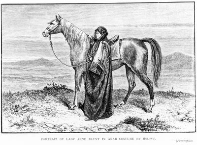 Portrait de Lady Anne Blunt (1837-1917) en costume arabe avec un cheval arabe, frontispice de son livre A Pilgrimage to Nejd, publié en 1881 - English School