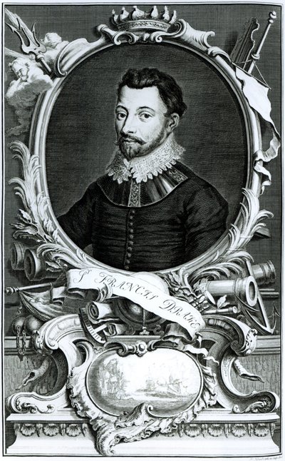 Portrait de Sir Francis Drake (c.1540-96) gravé par Jacobus Houbraken (1698-1780) (gravure) - English School