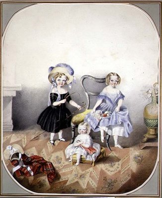 Portrait de trois filles aux yeux bleus en costume, c.1840 - English School