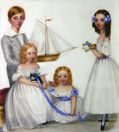 Portrait de quatre enfants tenant un voilier et un chaton, c.1830 - English School