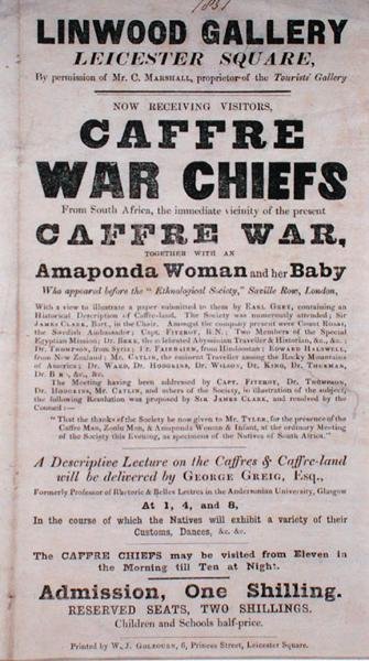 Affiche publicitaire pour une conférence sur les chefs de guerre Caffre à la Linwood Gallery - English School