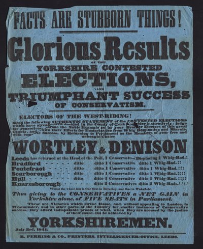 Affiche célébrant la victoire des candidats conservateurs aux élections parlementaires dans le Yorkshire - English School