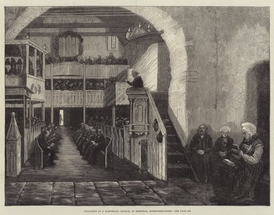 Prédication dans une église norvégienne, à Rosendal, Hardanger-Fjord (gravure) - English School