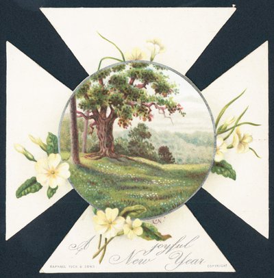 Primevères et scène de campagne, Carte de Nouvel An - English School