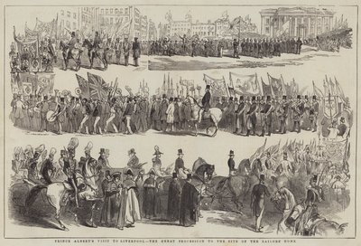 Visite du prince Albert à Liverpool, la grande procession vers le site de la maison des marins (gravure) - English School