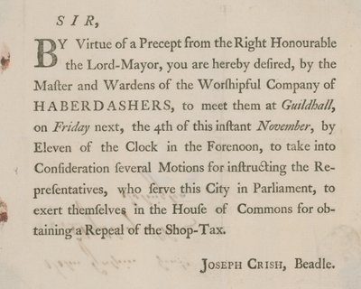 Lettre imprimée de Joseph Crish, bedeau de Guildhall, Londres - English School