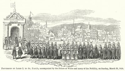 Procession de Jacques Ier à St Paul, accompagné du Prince de Galles et de nombreux membres de la noblesse ... (gravure) - English School