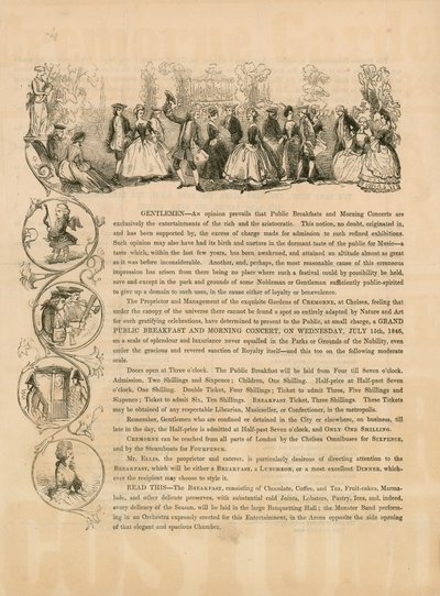 Dépliant promotionnel pour un grand petit-déjeuner public et un concert matinal le 15 juillet 1846 - English School