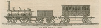Le chemin de fer en bois de Prosser : locomotive, tender et wagon, vue latérale - English School