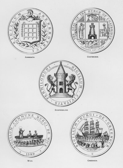 Armoiries publiques : Arbroath ; Coatbridge ; Dunfermline ; Wick ; Greenock (gravure) - English School