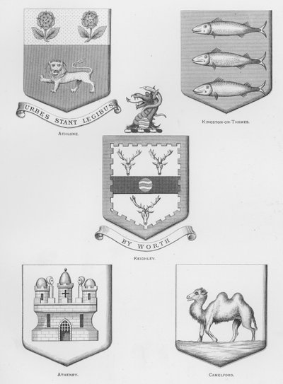 Armoiries publiques : Athlone ; Kingston-on-Thames ; Keighley ; Athenry ; Camelford (gravure) - English School