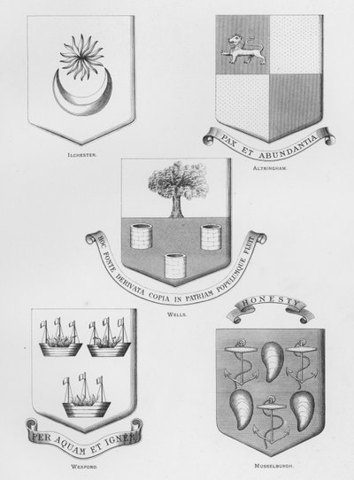 Armoiries publiques : Ilchester ; Altringham ; Wells ; Wexford ; Musselburgh (gravure) - English School