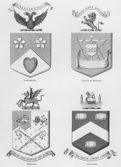 Armoiries publiques : Lanarkshire ; Comté de Renfrew ; Wrexham ; Congleton (gravure) - English School