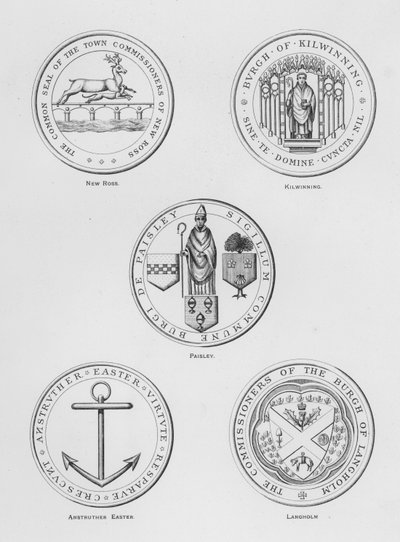 Armoiries publiques : New Ross ; Kilwinning ; Paisley ; Anstruther Easter ; Langholm (gravure) - English School