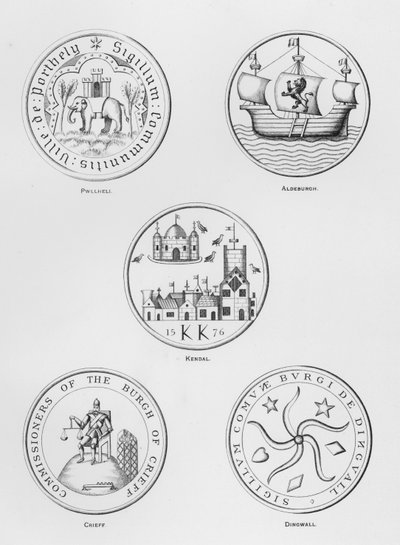 Armoiries publiques : Pwllheli ; Aldeburgh ; Kendal ; Crieff ; Dingwall (gravure) - English School