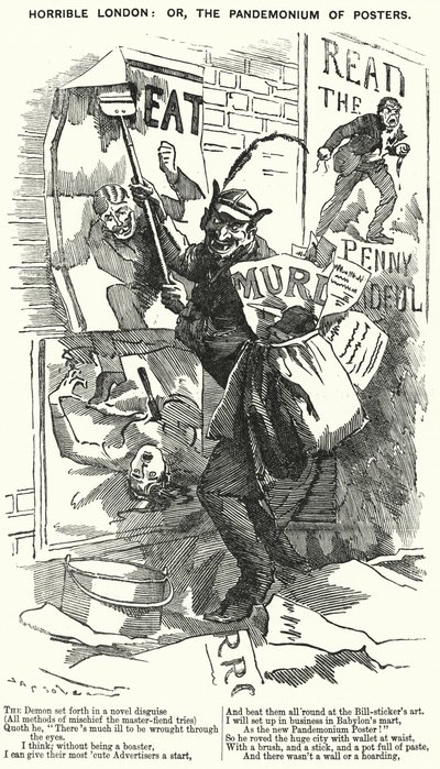 Dessin de Punch : Londres horrible : ou, le Pandémonium des affiches - Londres à l
