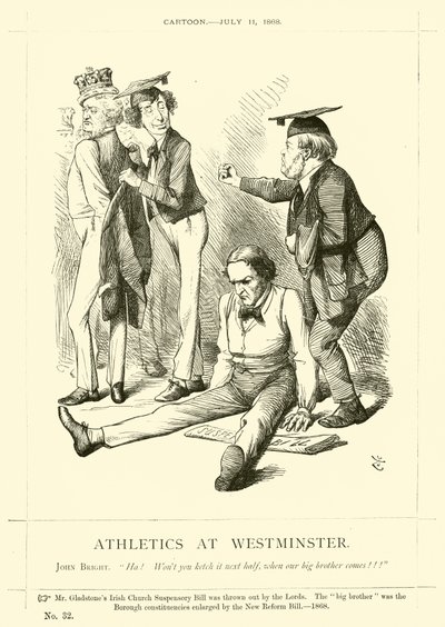 Caricature de Punch concernant John Bright : Athlétisme à Westminster - English School
