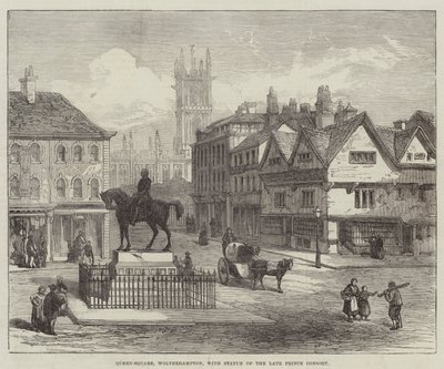 Queen-Square, Wolverhampton, avec statue du défunt prince consort (gravure) - English School