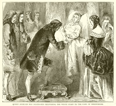 La reine Anne sur son lit de mort remettant le bâton blanc au comte de Shrewsbury - English School