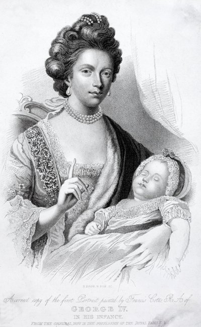 La reine Charlotte, épouse du roi George III, avec leur fils bébé, le futur prince régent et roi George IV - English School