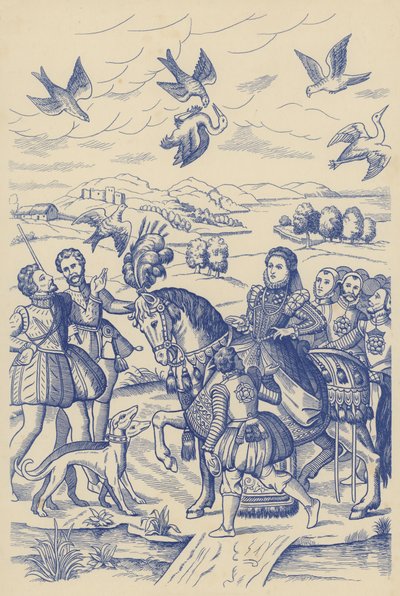La Reine Elizabeth à la chasse au faucon (litho) - English School