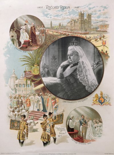La reine Victoria lors de son jubilé de diamant en 1897 avec certains des principaux événements de sa vie - English School