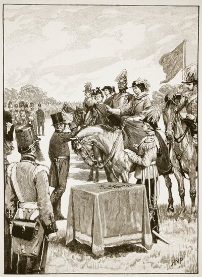 La reine Victoria à la première présentation de la Croix de Victoria, illustration de Cassells Illustrated History of England - English School