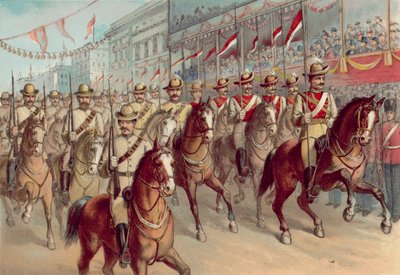 Jubilé de diamant de la reine Victoria 1897, les fusiliers victoriens et les lanciers de la Nouvelle-Galles du Sud passant Pall Mall - English School