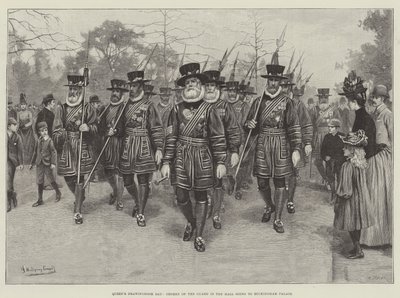 Jour de réception de la reine, Yeomen of the Guard dans le Mall allant au palais de Buckingham (gravure) - English School