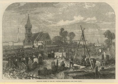 Travaux ferroviaires dans le cimetière de Old St Pancras (gravure) - English School