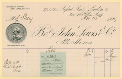 Reçu de John Lewis & Co., 14 novembre 1896 - English School