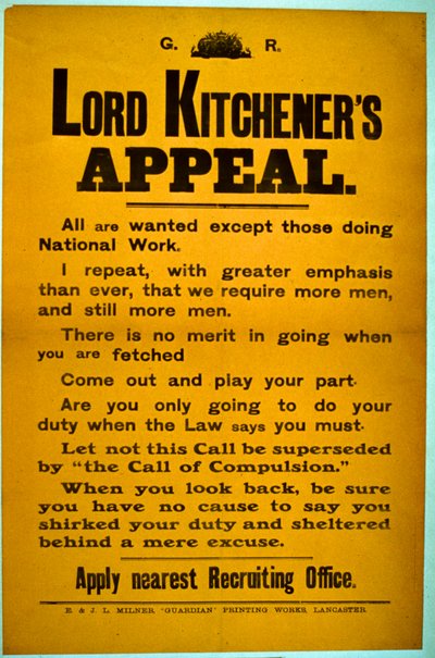 Affiche de recrutement - Appel de Lord Kitchener, 1914-18 - English School